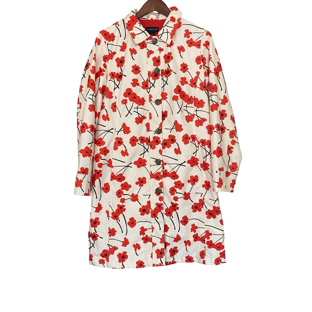 Lands End Floral Women Raincoat Size M White Red Orange Poppy Button Jacket